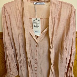 NWT Zara Pink Polka Dot Tie Neck Blouse